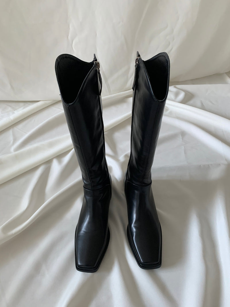 Black Square Toe Long Boots