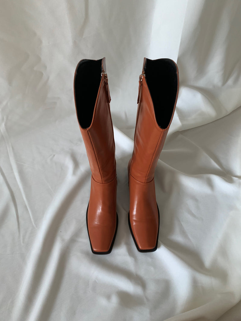 Caramel Brown Square Toe Long Boots