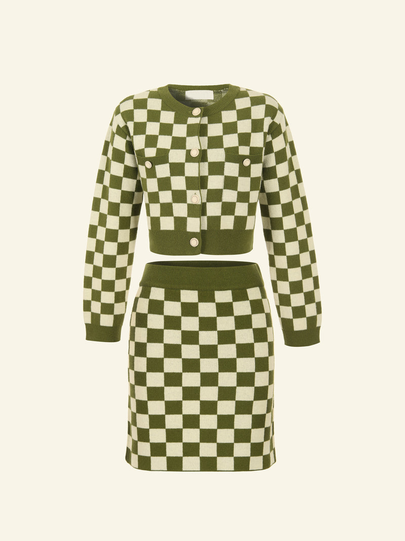 NAMI Checkered Cardigan & Skirt Set - Moss Green